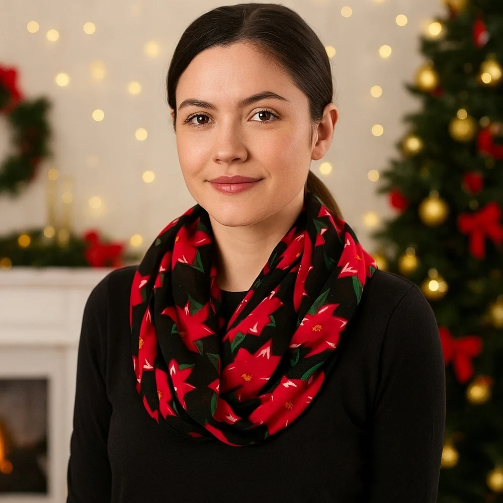 Infinite Scarf Holiday Poinsettia Floral Black and Red Wrap